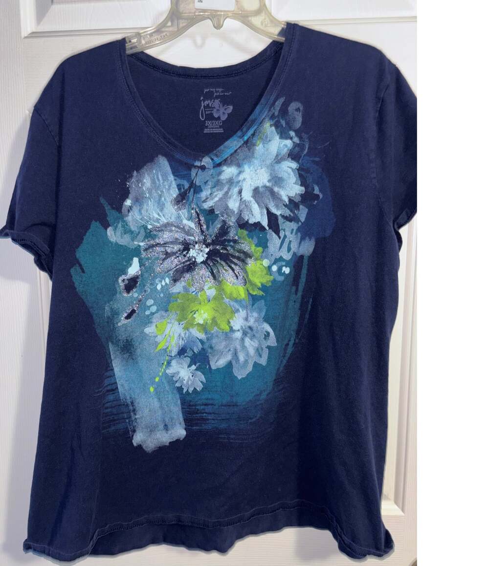 Just My Size T Shirt Womens 3X Navy Blue Floral Watercolor V Neck Graphic Tee